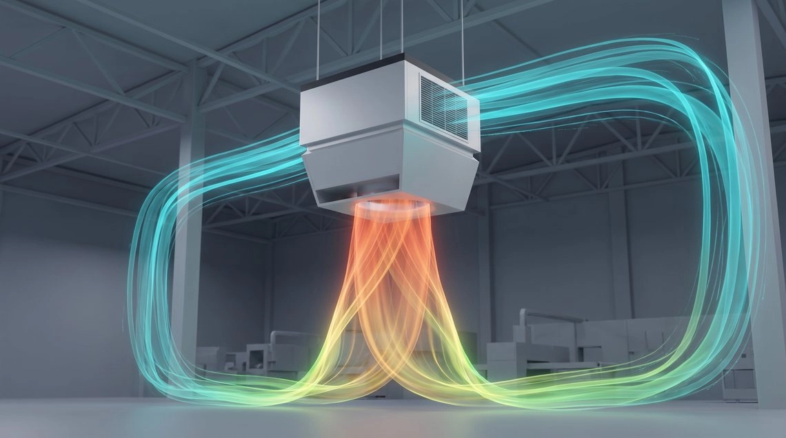 Airflow simulation of a Mycond OXA-D unit: warm jet down to the floor and return along the walls