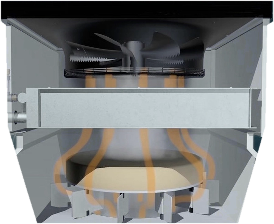 Cutaway of a Mycond OXA unit: axial fan, water coil and guide vanes