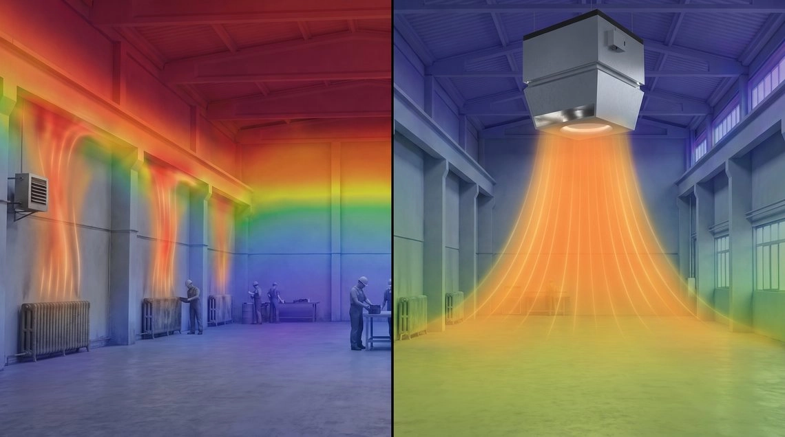 Thermal comparison: radiators heat the roof space, Mycond OXA heats the working zone