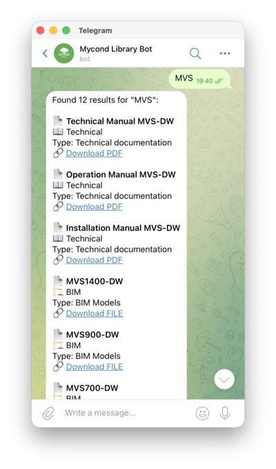 Mycond Telegram bot — search result