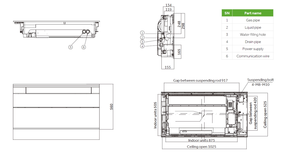 Dimensions of a thin and modern design panel for a 1-way cassette air conditioning unit.