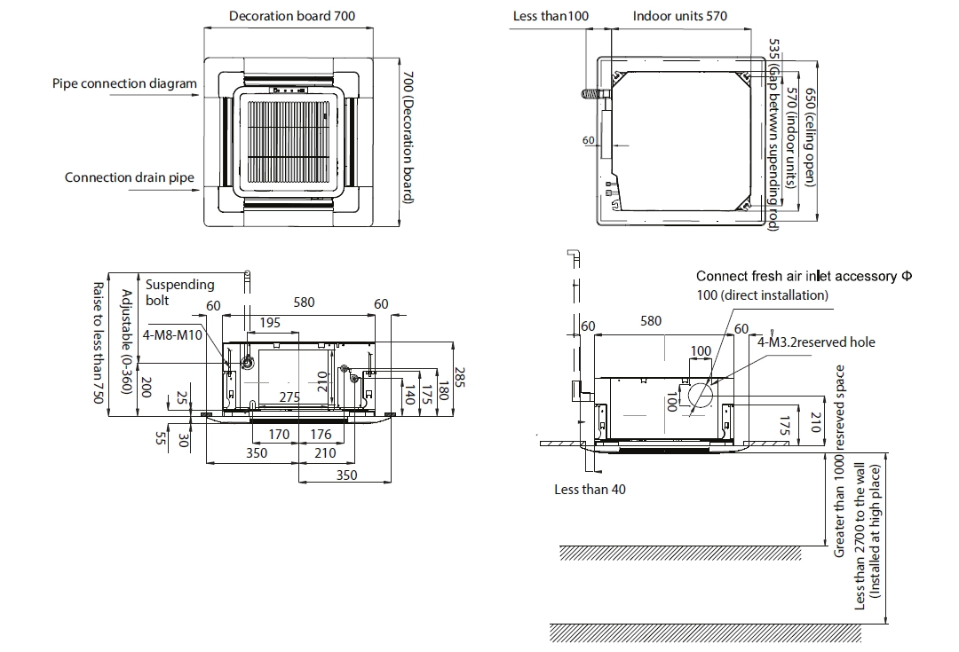 Dimensions of the 4-way cassette unit with unique side air inlet and standard condensate drain pump.