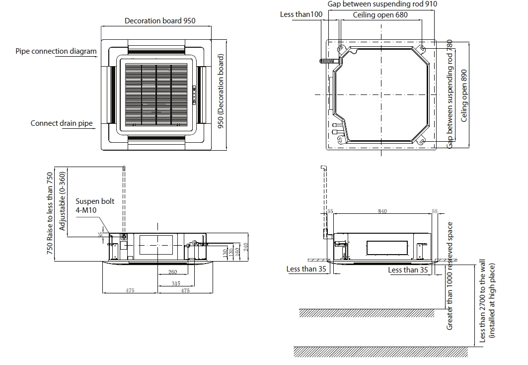 Dimensions of 4-way cassette ventilation unit with fresh air intake function.