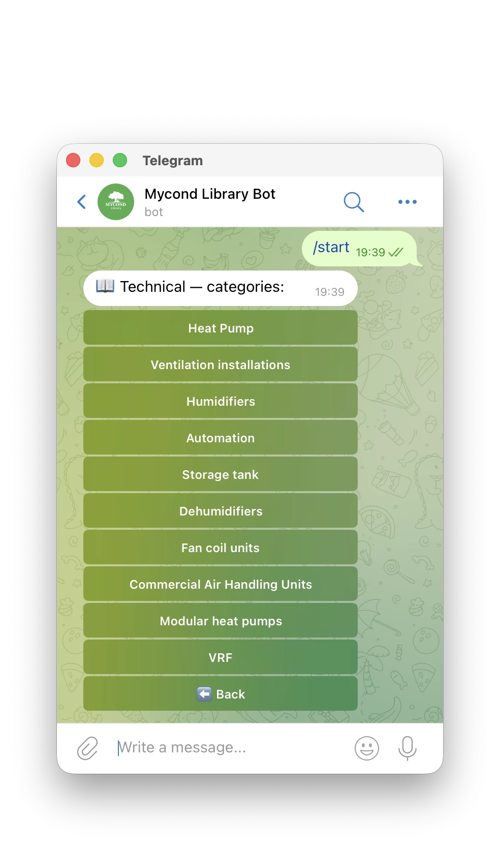 Mycond Telegram bot — selection of marketing and technical materials category