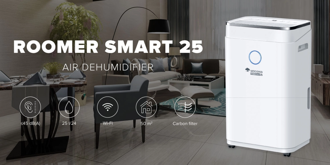High-capacity Roomer Smart 25 air dehumidifier for large rooms up to 50 m2, featuring 25 L/day capacity and Wi-Fi control.