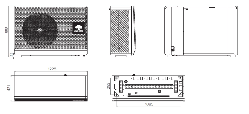 Diagram of the compact BeeSmart split heat pump MHCS 035 UBS showcasing dimensions.