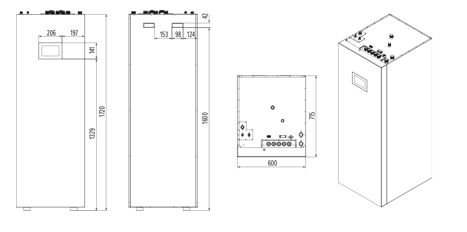 Image showing appearance and dimensions of BeeSmart All-in-One MHCS 050 DTS indoor units for efficient temperature control.