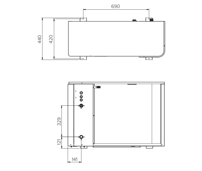 The MHM-U06HL outdoor unit of the Mycond MBasic series monoblock air-to-water heat pump, featuring a compact and efficient design.