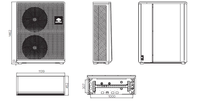 Dimensions and design of MHCS 050 UBS outdoor unit for BeeSmart All-in-One series heat pump.
