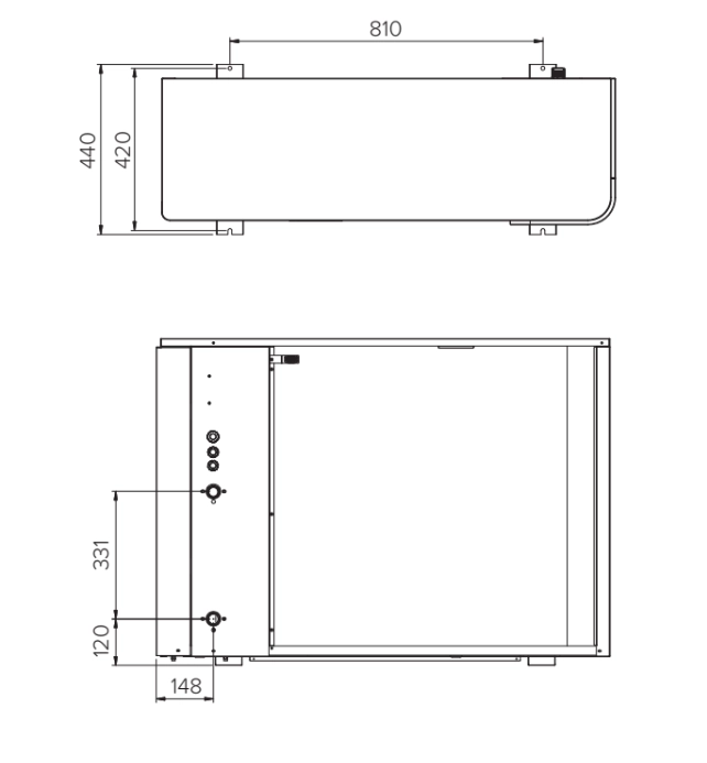 Appearance and dimensions of the MHM-U09HL and MHM-U12HL outdoor unit for effective air-to-water heat exchange.