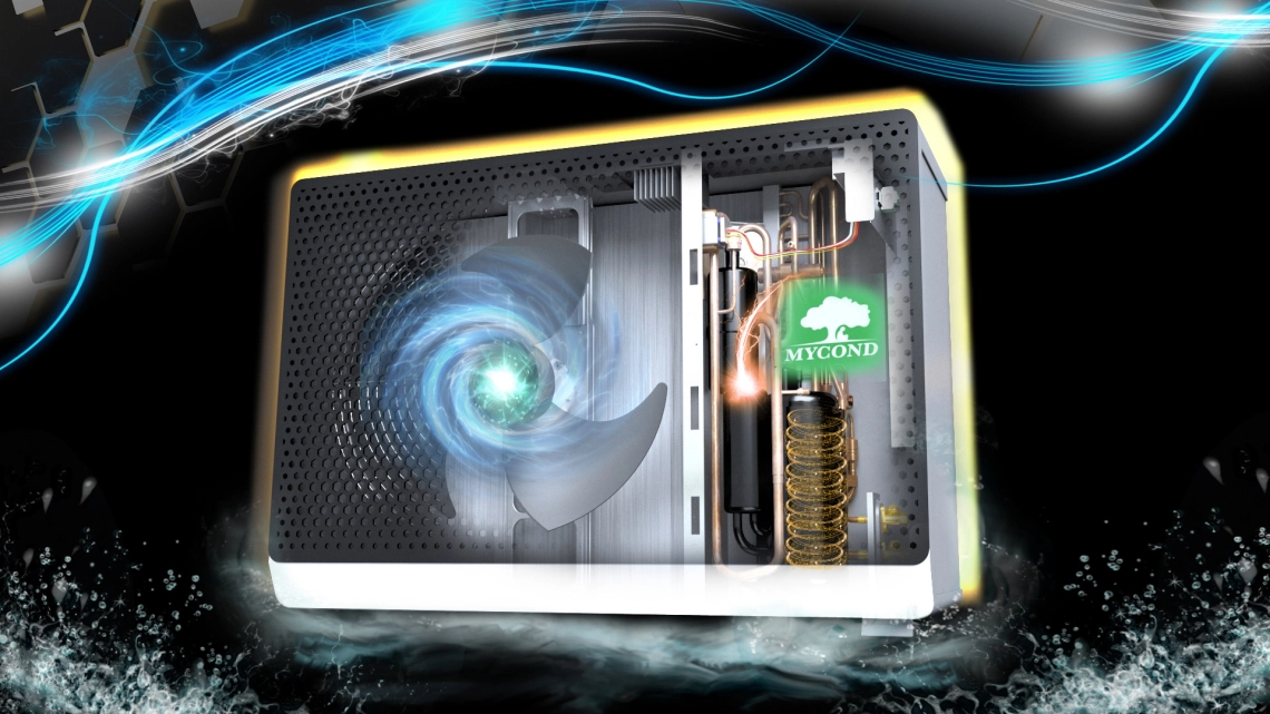 BeeSmart series heat pump with touch screen controller for efficient heating and cooling.