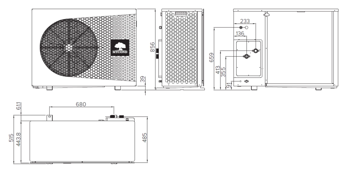 Diagram showcasing dimensions of the compact BeeThermic monoblock heat pump.