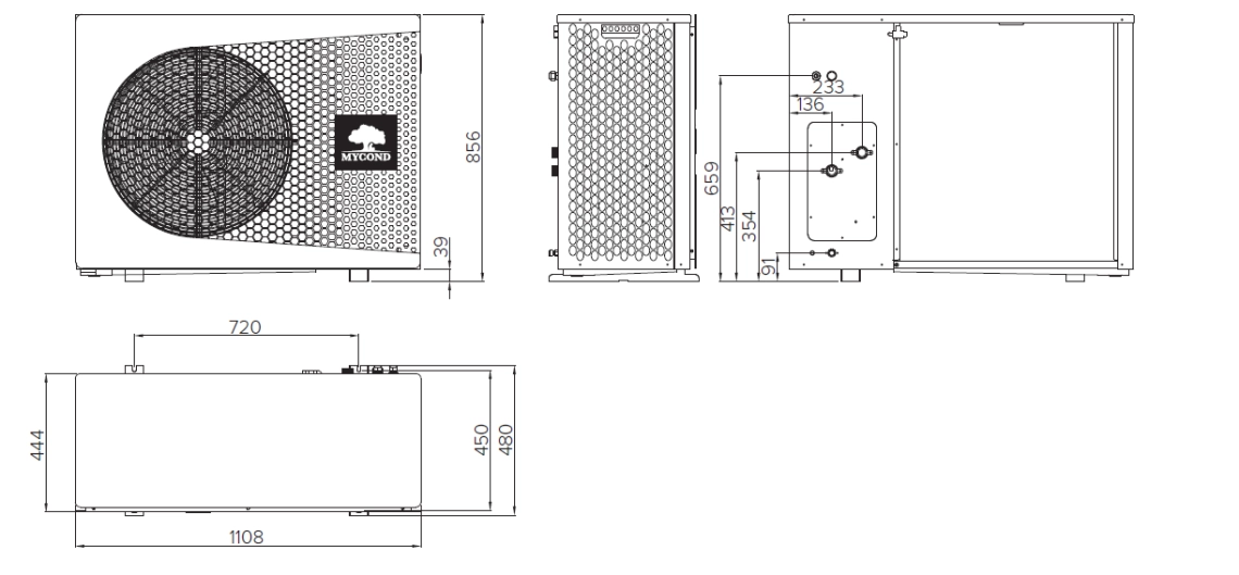Dimensions diagram of the BeeThermic series monoblock heat pumps.