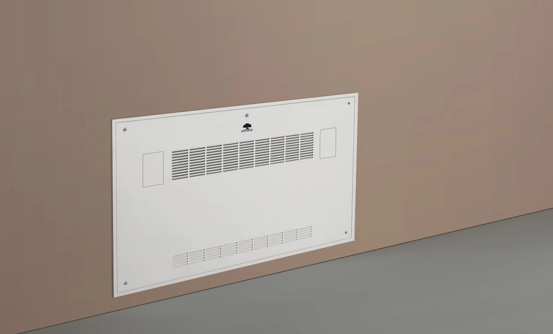 Modern floor-standing heat pump system displayed in a living room setting.