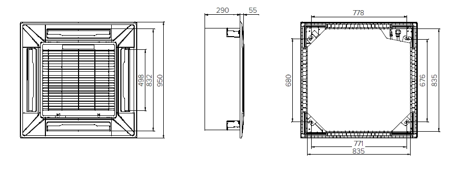 Sleek elegant design of 4-way cassette fan coil unit in ceiling.