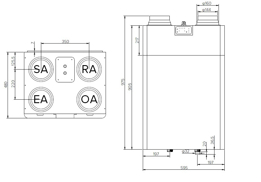 Diagram of the MCFA series heat recovery unit showcasing airflow.