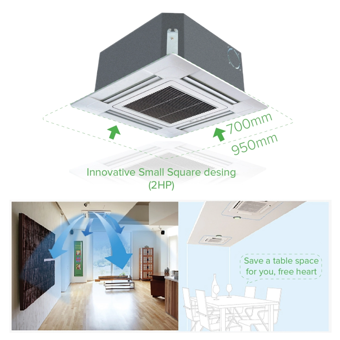 Compact ceiling-mounted 4-way cassette for efficient air distribution.