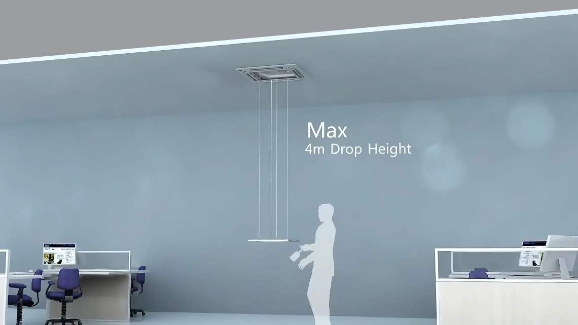 The image shows a sleek and modern 4-way cassette panel designed for efficient air distribution.