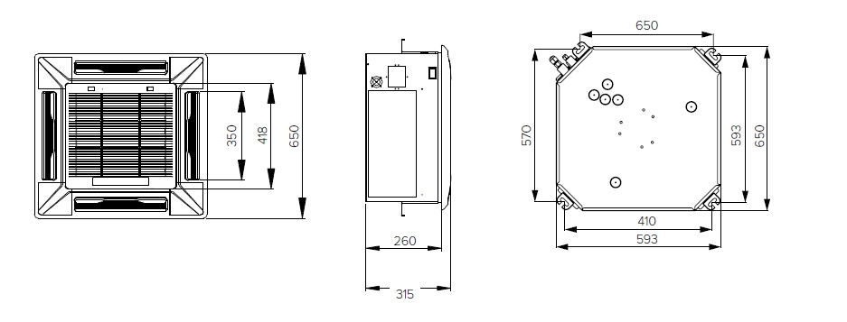 A compact ceiling fan coil unit for efficient air distribution.