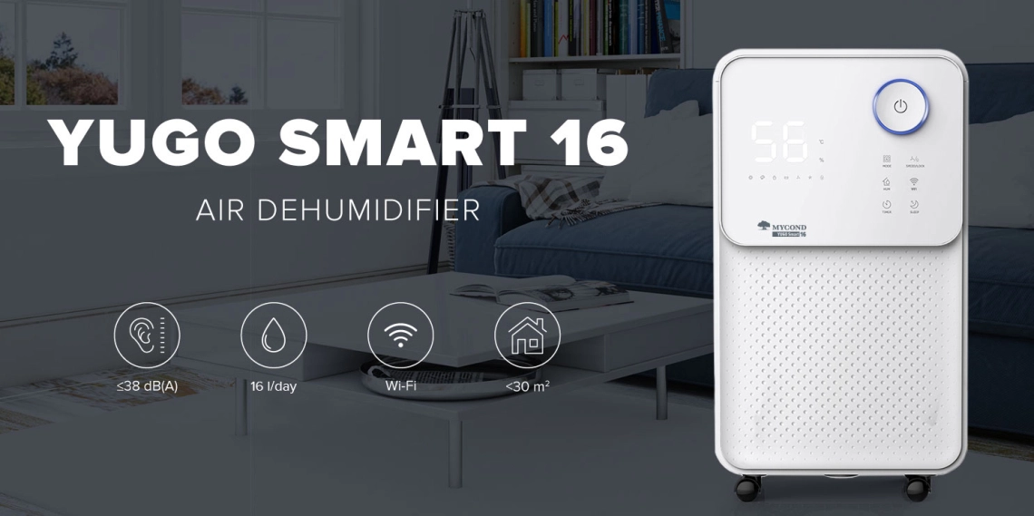 High-capacity dehumidifier YUGO Smart 16 with compact design and quiet operation, suitable for rooms up to 30 m2.