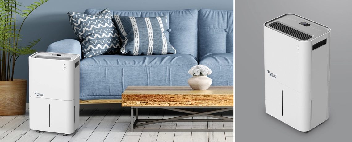 Stylish white Roomer Eco 25 dehumidifier in action.