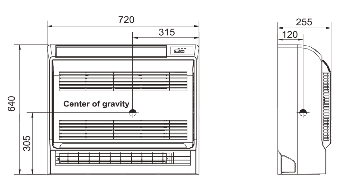 Compact console type unit dimensions with double air delivery system.