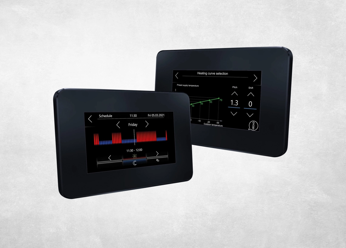 Central controller IQ 200 with touch screen and multiple modes, including weather compensation and ECO mode.