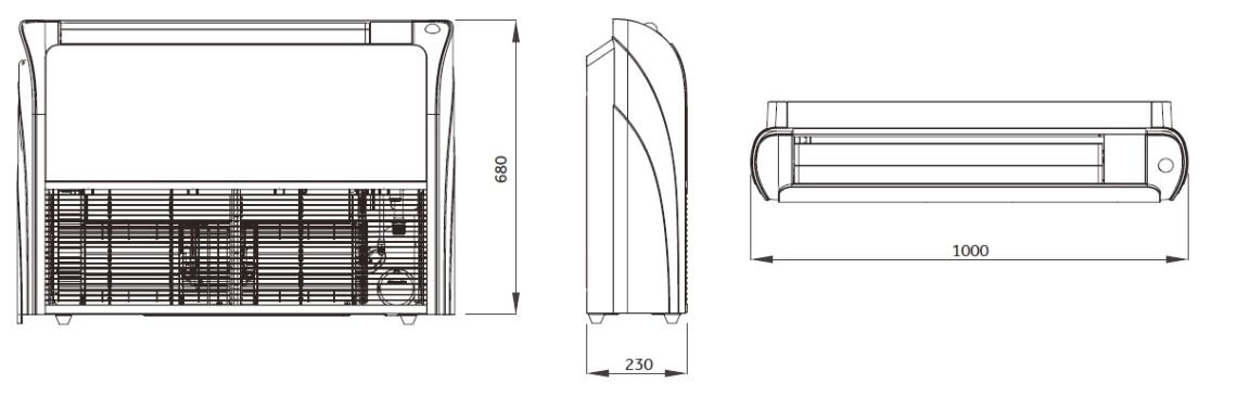 Diagram showing dimensions and installation versatility of the DC inverter.