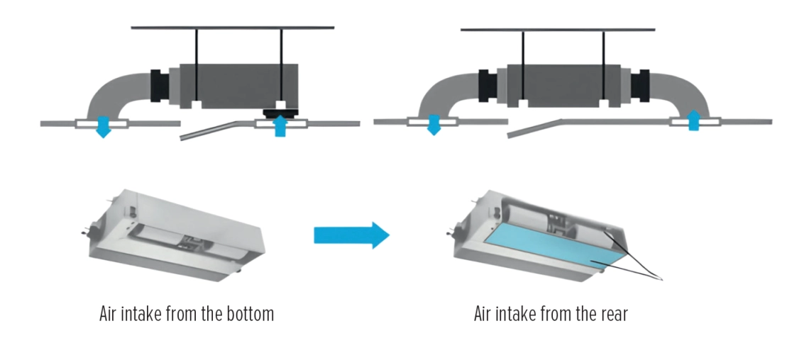Diagram showing installation methods for MyCond MCFDS series fan coil units.