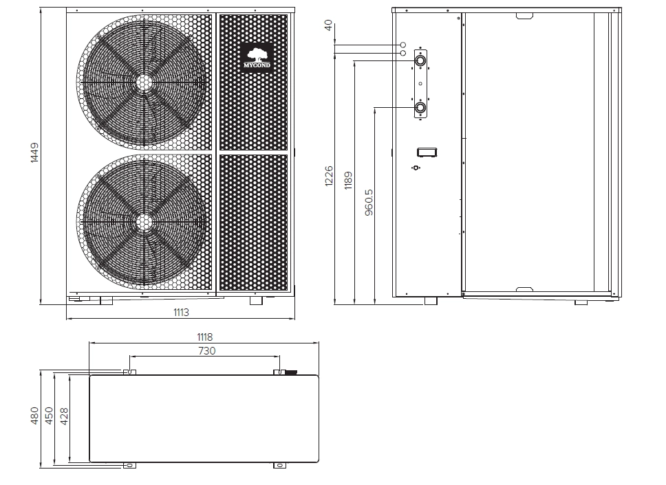Dimensions of BeeThermic series heat pumps, models MHCM 18 SU3A and MHCM 24 SU3A.