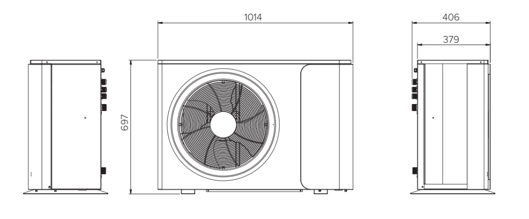 Dimensions and features of the compact MBasic monoblock heat pump's outdoor unit.
