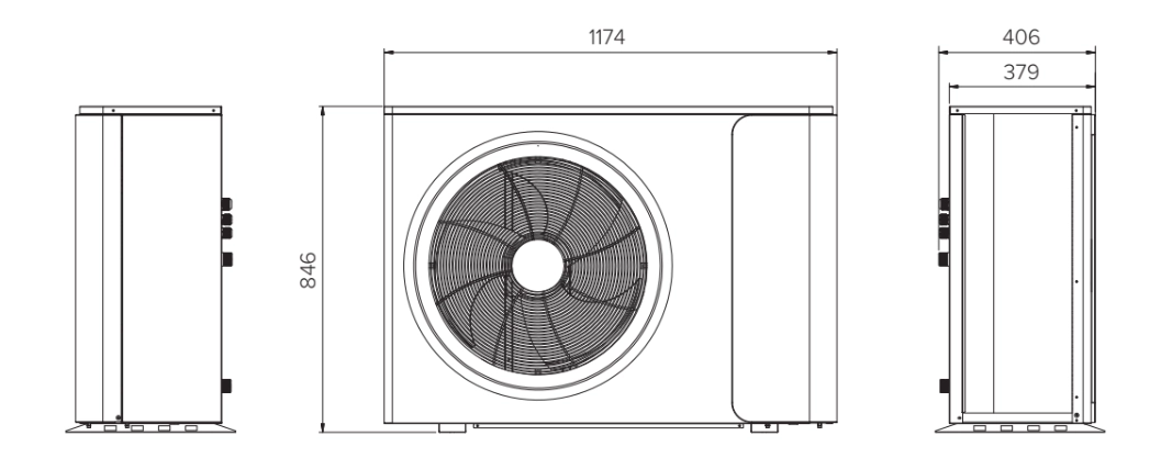 Dimensions and appearance of the MHM-U09HL and MHM-U12HL monoblock outdoor heat pump units.