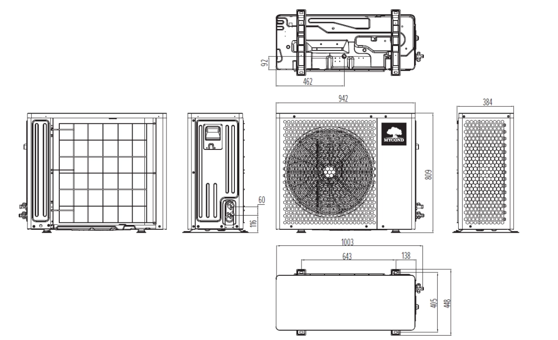 Compact outdoor heat pump unit with 16.2 kW capacity and efficient installation-friendly design.