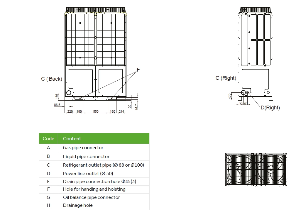 Dimensions of MRF-6 system with advanced scroll compressor technologies for improved efficiency.