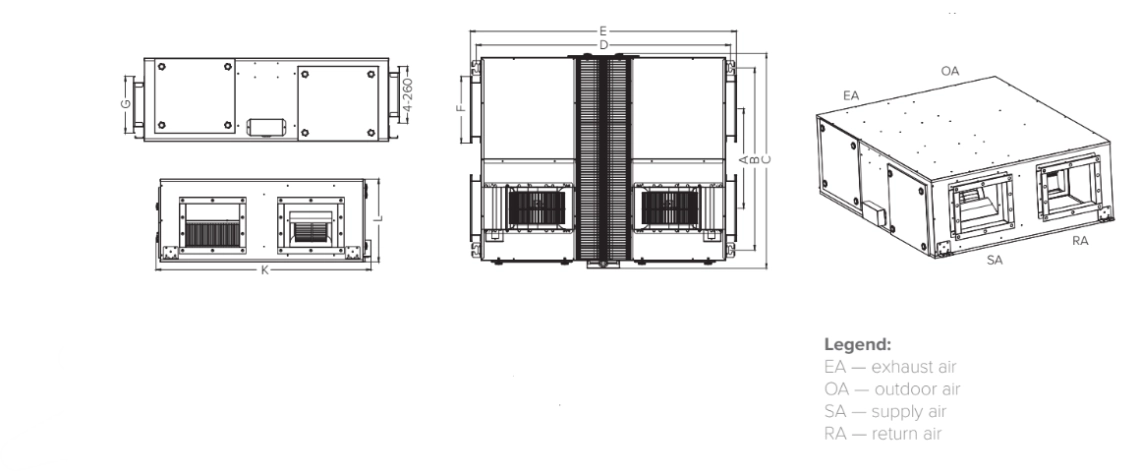 Dimensions of MVC series energy recovery ventilation units for efficient indoor climate control.