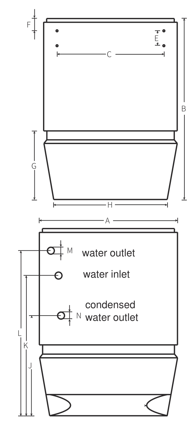 Dimensional drawing of the Mycond OXA-K unit with A&ndash;N callouts
