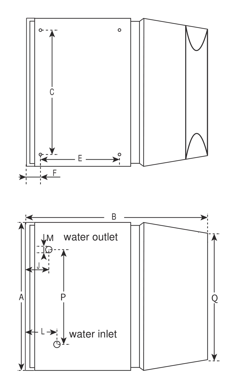 Dimensional drawing of the Mycond OXA-SD side discharge unit