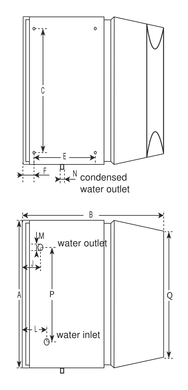 Dimensional drawing of the Mycond OXA-SK side discharge unit