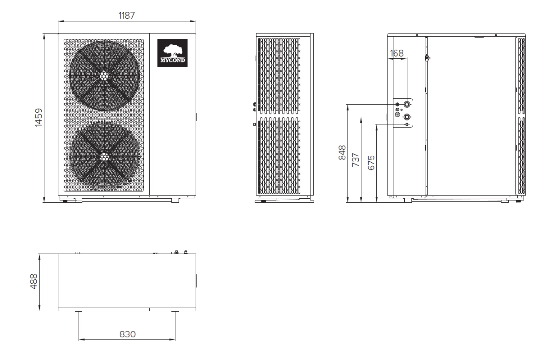 Dimensions of the MHCM 18 SU3A outdoor unit from the BeeEco series, featuring eco-friendly R290 refrigerant.