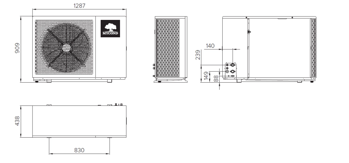 Appearance and dimensions of the MHCM 12 SU3A outdoor unit