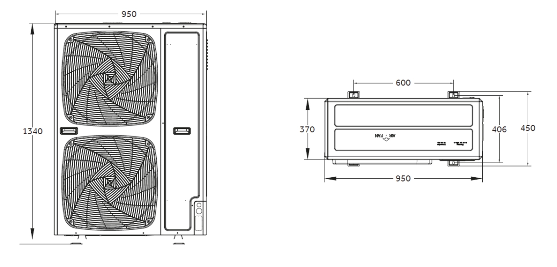 Diagram showing dimensions of MRF S outdoor unit for air conditioning systems.
