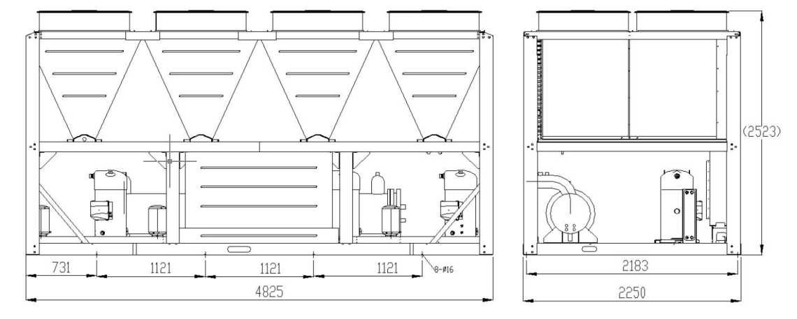 Diagram detailing the dimensions of the YHE Series MCU-500YHE air-cooled scroll chiller.