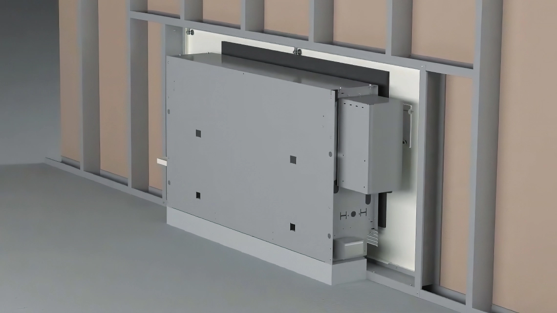 Compact built-in floor standing air conditioning unit on display.