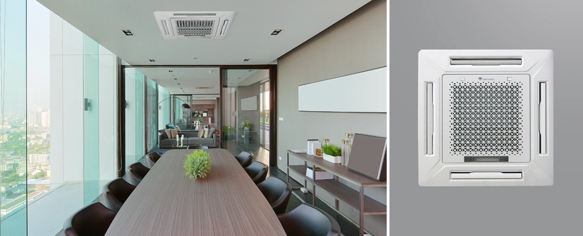 Modern 4-way cassette fan coil with energy-efficient design.