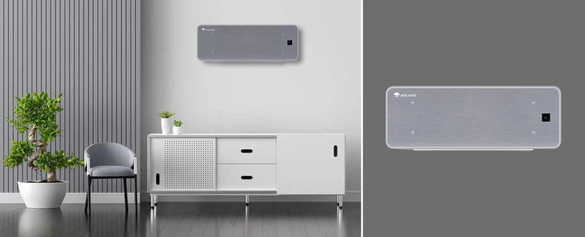 Ultra-thin fan coil unit with silver glass design and intuitive controls.