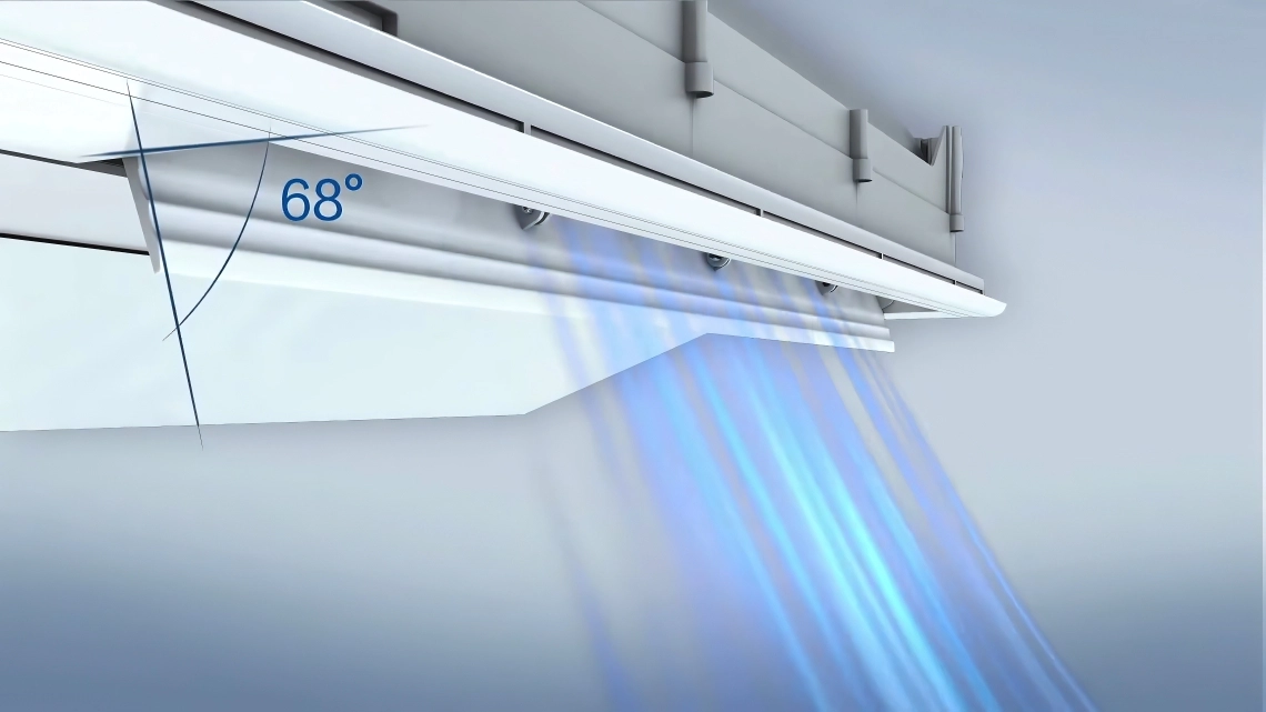 Ceiling-mounted air conditioning unit with an energy-efficient design.
