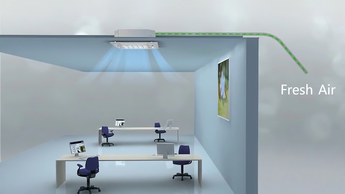 Modern ceiling cassette unit for efficient air distribution.