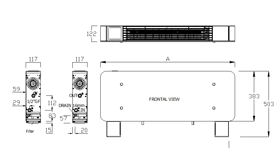 Dimensions of the ultra-thin Silver Glass Low series floor-standing fan coil unit.