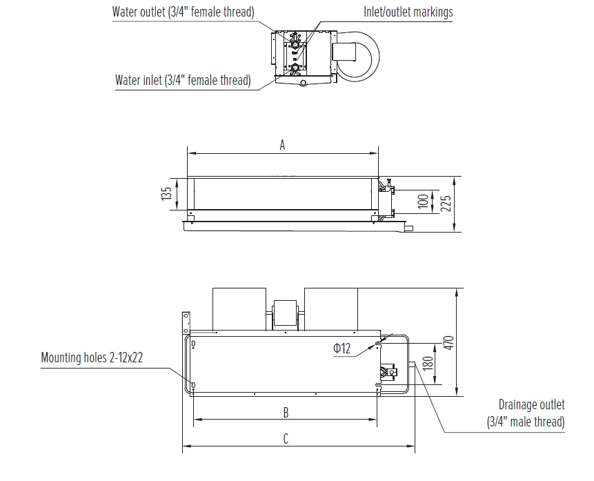 Diagram of Medium ESP fan coil unit dimensions and specifications.