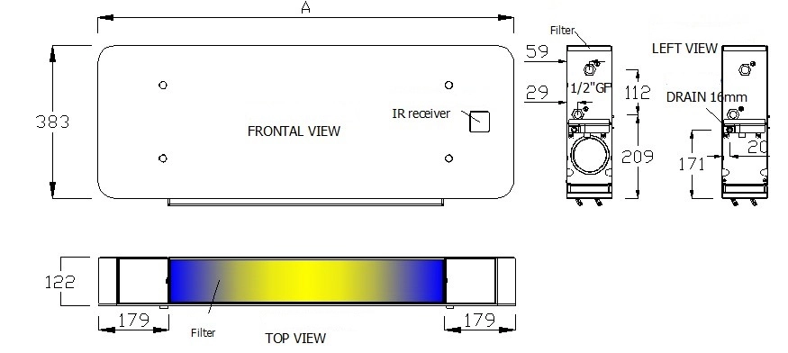 Dimensions and weights of the Silver Glass Wall fan coil units.